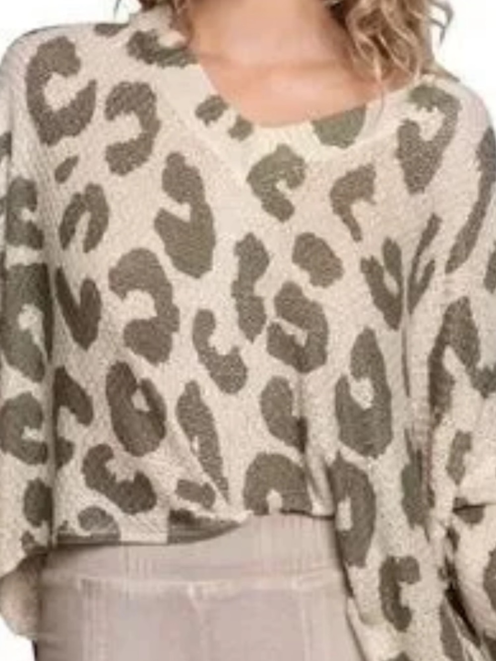 POL Olive Leopard V-Neck Oversized Sweater in Cream and Olive
